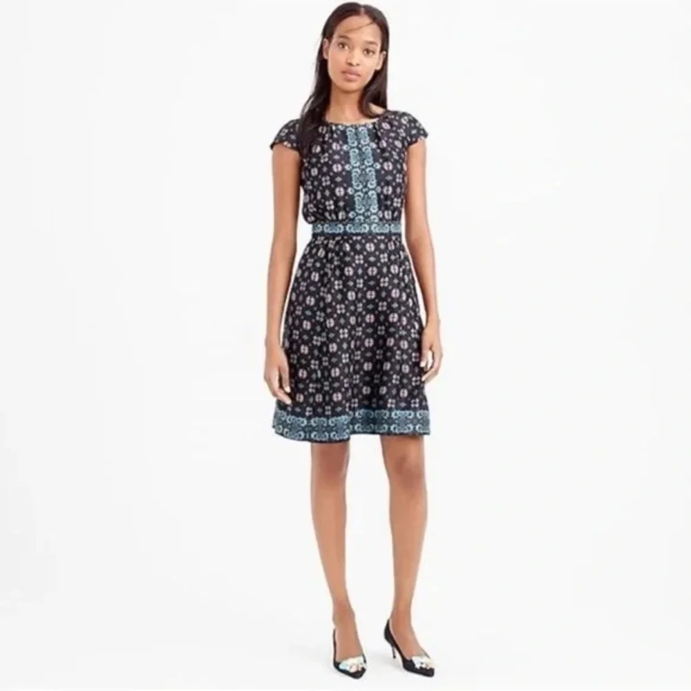 J. CREW 100% Silk Cap Sleeve Black Floral Midi Dress